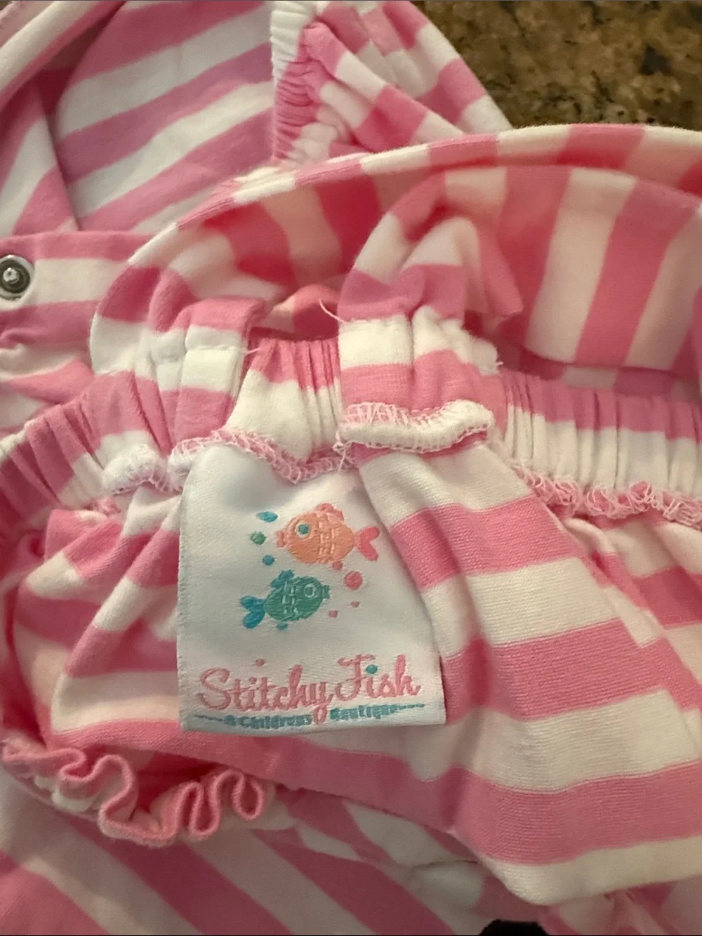 Stitchy Fish Pink Striped Baby Romper with Minnie Mouse Applique